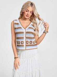 Wildy Atuendo de estilo boho, festival y western para primavera y vacaciones de mujeres, suéter casual de punto de ganchillo colorido