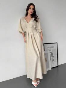 Firerie New Elegant Large Umbrella Skirt Apricot Off-The-Shoulder Short-Sleeved Imitation Linen Pleated Women's Dress Summer Outfits For Women Sundress Vacation Outfits