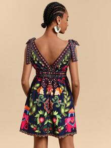 Travachic Robe mini à encolure en V avec épaules dénudées imprimée, tissée pour femmes