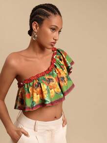 Travachic Blusa casual de vacaciones con cuello asimétrico y estampado floral para mujer, atuendos de verano para mujer, blusas de verano