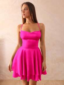 SHEIN BAE Vestido corto de mujer con cuello en V de satén, tirantes finos, espalda abierta, cintura con lazo, dobladillo asimétrico con volantes, apropiado para damas de honor, invitadas de boda, cóctel, baile de graduación, fiesta de Navidad - Rosa Fucsia - Ver 2