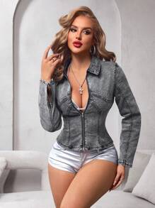 SHEIN BAE Women's Fashionable Washed Denim Top - Grey - View 5