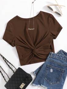 SHEIN EZwear Twist Hem Solid Tee - Chocolate Brown - View 6