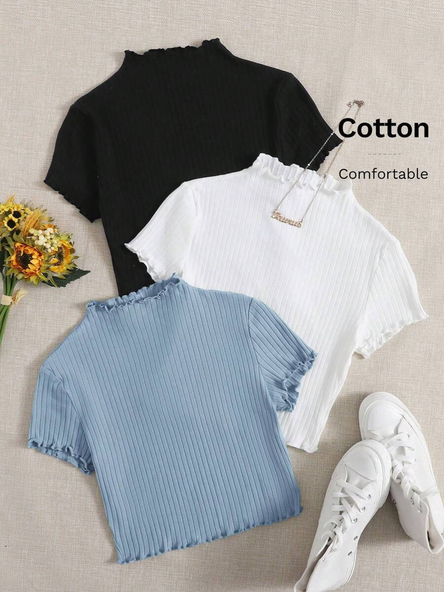 SHEIN EZwear Women T-Shirts Lettuce Trim Rib-Knit Plain Casual - Dusty Blue - View 1