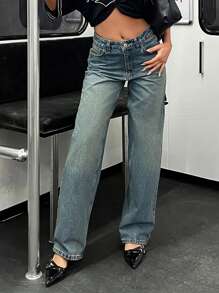 EURMUSE WOMEN WIDE LEG HIGH WAIST JEANS - Medium Wash - View 6