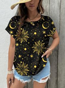 Glamance Carolina Leite Blusas negras para mujeres de manga corta, cuello redondo, casual llano, con estampados de plantas, estampado total, galaxia - Conjuntos de verano para mujeres, blusas de verano para salir