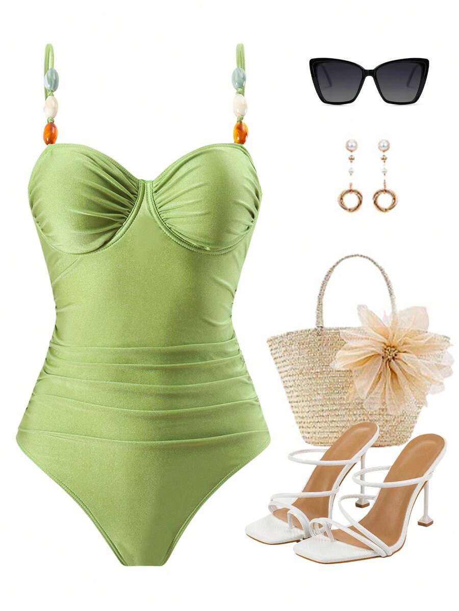 SHEIN Swim 纯色细肩带串珠装饰高开叉连体泳衣,随机颜色海滩波西米亚风节日女士夏季春假装 - 綠色 - 查看 1