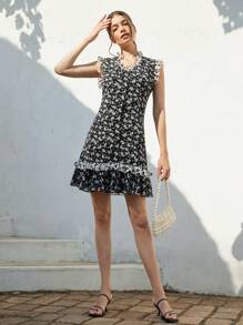 Aveloria 女式法式黑白雪纺碎花迷你连衣裙，荷叶边下摆和腰线，波西米亚风度假时尚风格，全身印花，适合夏季春秋季