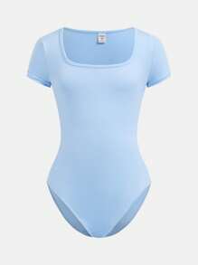 2pcs/Set Tween Girls Slim Fit Knitted Square Neck Basic Short Sleeve Jumpsuit - Baby Blue - View 5