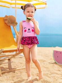 Young Girl Cute Cartoon Leopard Print Ruffles One Piece Swimsuit,Easter Swimsuit, - Pink - View 5