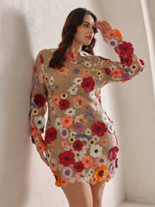 Anewsta 大码女式花卉刺绣修身迷你连衣裙，优雅春季 - 杏色 - 查看 7