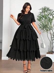 Celure Plus Size Women Puff Sleeve Ruffle Hem Tie-Waist Solid Color Long Dress, Vacation Style, Romantic,Elegant,Wedding Dress