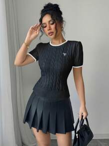 Elenzga Women's Bow Embroidery Crew Neck Short Sleeve Knit Top - Black and White - View 5