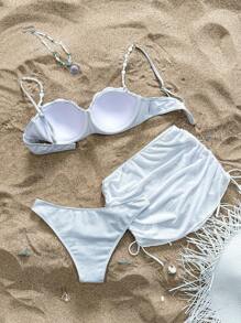 Swim Mod 3 pièces Ensemble maillot de bain nacré pour femmes : soutien-gorge à armatures à motif écossais, avec perles sur les bretelles, bas à lacets latéraux triangulaires décontractés et élégants, et mini-jupe