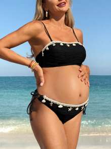 SHEIN Maternity Floral Trim Starfish & Shell Print Bandeau Bikini For Summer Beach Vacation - Black - View 3