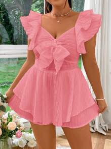 Flirla Plus Size V-Neck Bowknot Romper - Dusty Pink - View 5