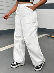 SHEIN EZwear Plus Size Women Solid Color Pleated Pockets Wide Leg Loose Casual Pants - Beige - View 4