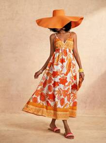 Slaydiva New Casual Floral Print Sleeveless Long Dress - Orange, Spring/Summer - Yellow - View 1
