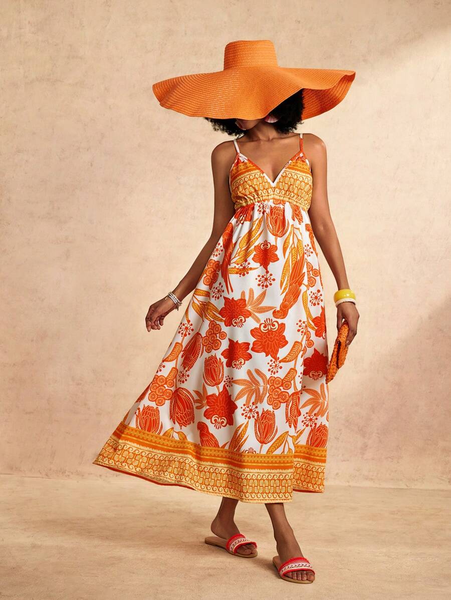 Slaydiva New Casual Floral Print Sleeveless Long Dress - Orange, Spring/Summer - Yellow - View 1