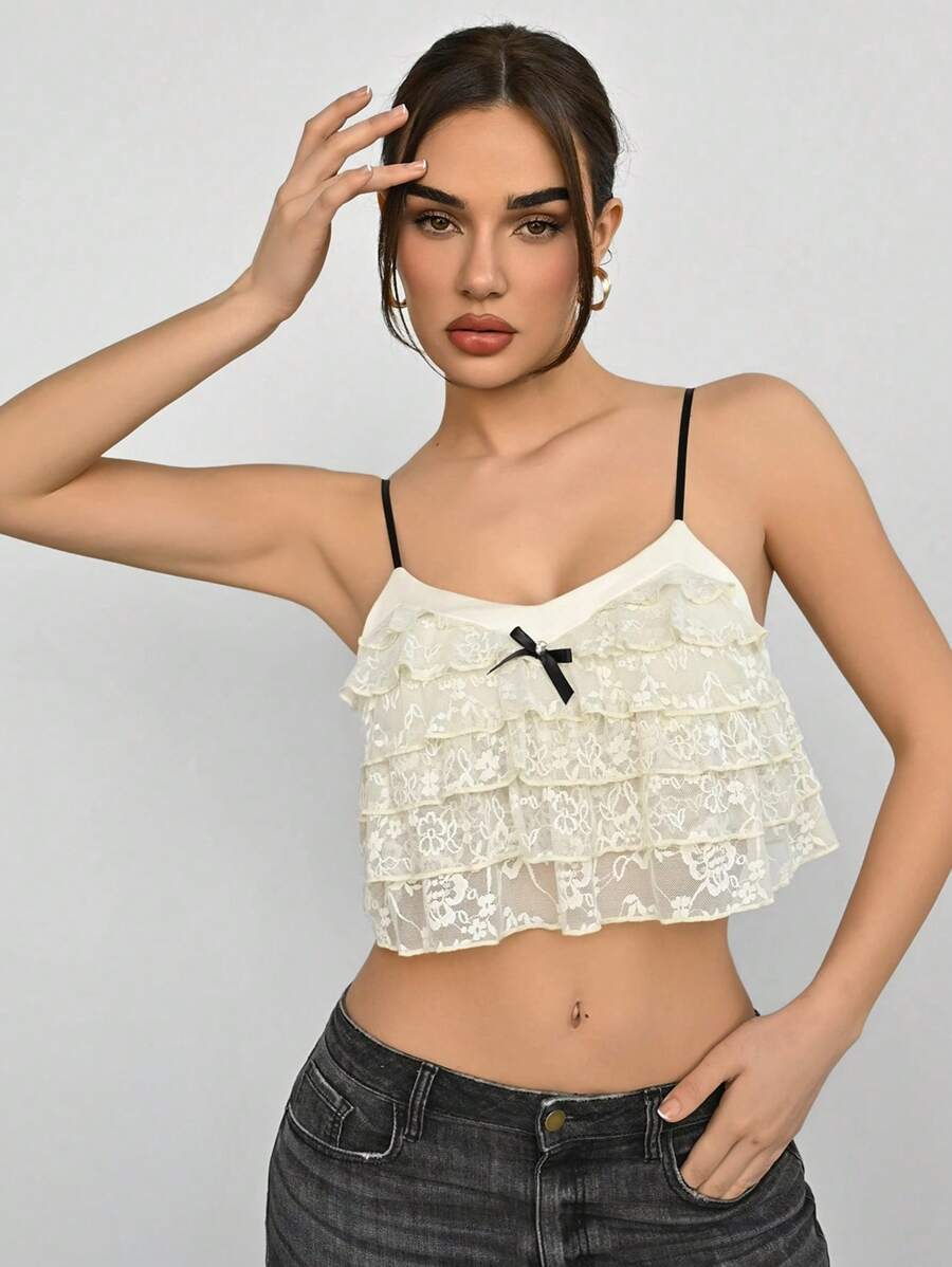 Aloruh Women's Solid Color Patchwork Bow Decor Spaghetti Strap Casual Tank Top - Apricot - View 1