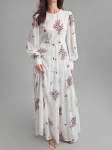 Ontre Vestido elegante de gasa rosa con estampado floral y mangas de farol románticas