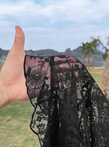 SHEIN EZwear 女士蕾丝拼布圆领短袖修身迷你连衣裙 - 黑色 - 查看 6