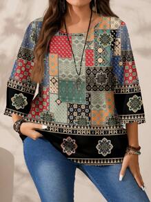 EMERY ROSE Plus Size Casual Simple All-Over Printed Round Neck 3/4 Sleeve Blouse  Chic Blouses For Women,Flower/Spring/Summer/Vacation - Multicolor - View 2