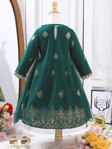 2pcs Young Girls Outfit, Includes Metallic Print Ditsy Floral Jacket And Long Sleeve Dress Set, Elegant For Spring/Summer - Dark Green - View 2