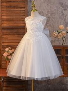 SHEIN Glamorique Kids 年轻女孩优雅白色网眼蝴蝶结蓬蓬公主婚礼派对礼服，适合所有季节 - 白色 - 查看 6