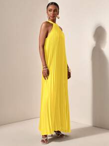 Zivah Beach Spring And Summer Casual Vacation Light Vacation Daily Dating Halterneck Sleeveless Pleated A-Hem Loose Maxi Skirt Dark Green Women's Maxi Dress-A,Sun Dress