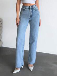 RueChic Jeans casual dritti in vita alta lavati per donna