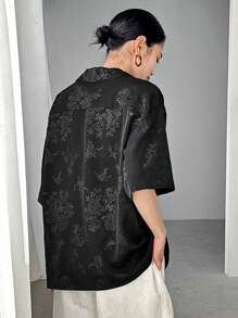 FRIFUL Áo sơ mi đen in hoa cỡ lớn cho nữ, áo mùa hè - màu đen - Xem 4