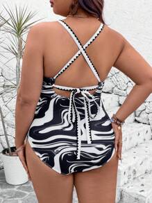 SHEIN Swim Lushore Plus Size Zebra Print Swimsuit