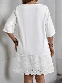 SHEIN LUNE Plus Size Women's Bamboo Fiber Fabric Splice Ruffle Hem Lining A-Line Dress, Summer - White - View 2