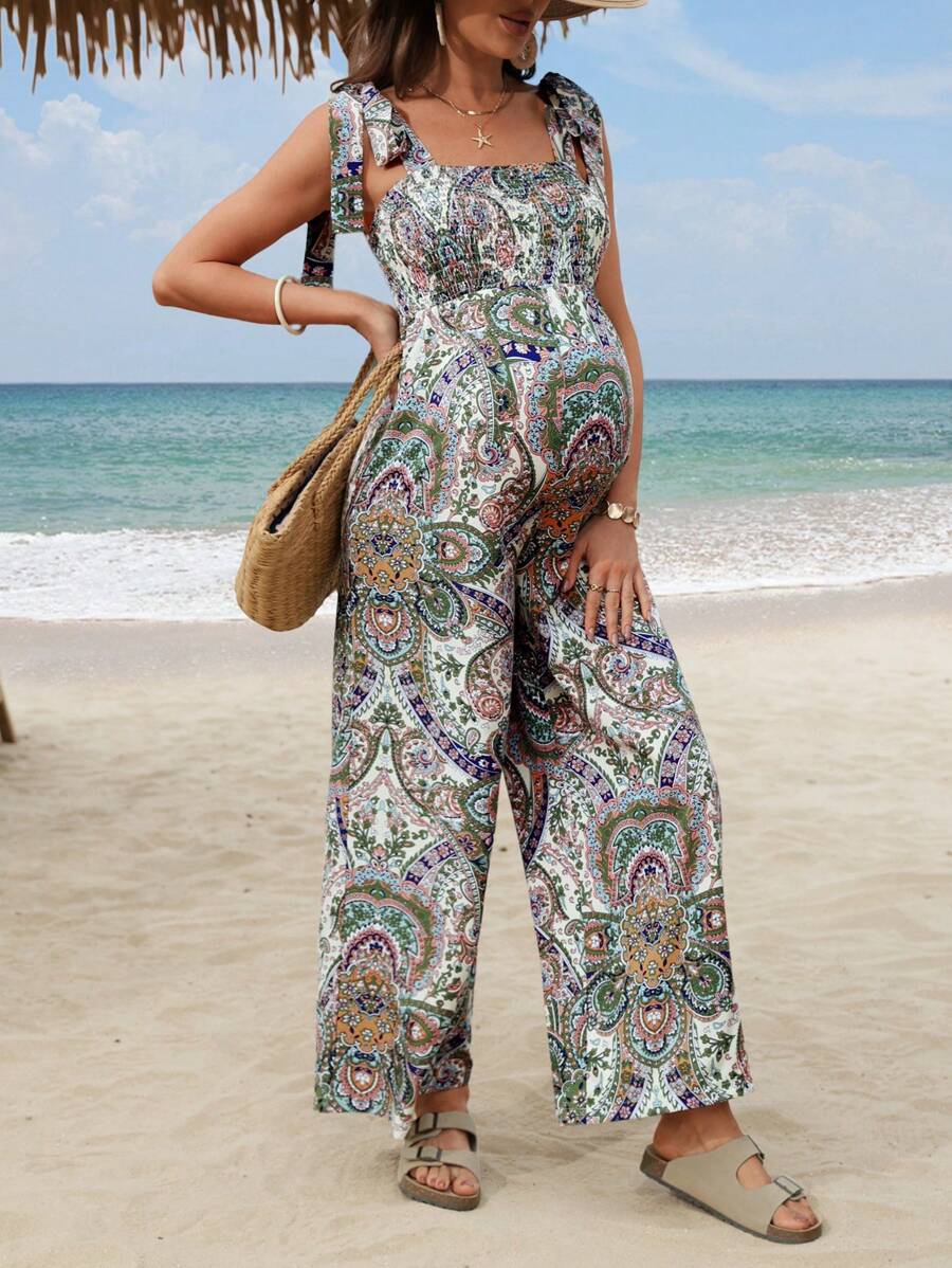 SHEIN Maternity Boho Paisley Print Loose Jumpsuit - Multicolor - View 1