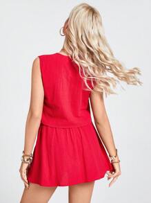 SHEIN LUNE Women's Red Casual Two-Piece Dress Set: Sleeveless Tie-Front Crop Top And Mini Skirt,Vacation Outfits Woman - Red - View 2