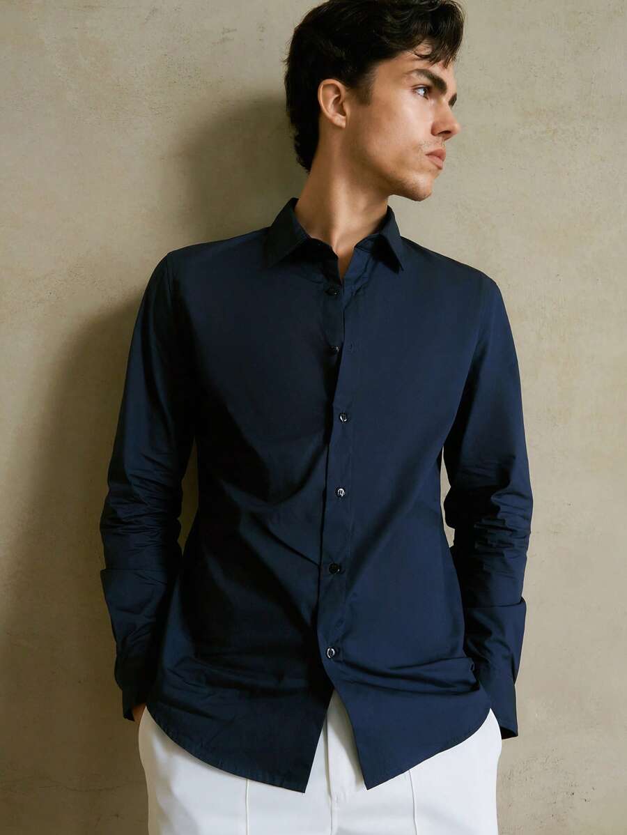 Manfinity VCAY Áo sơ mi nam tay dài công sở đơn hàng khuy cong viền cong bằng cotton trơn - Màu xanh hải quân - Xem 1