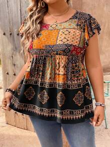 Linhara Plus Size Women's Retro Casual Crew Neck Puff Sleeve Printed Smock Blouse, Spring/Summer - Multicolor - View 5