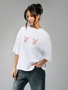 Missguided x Playboy Oversized T-Shirt mit doppeltem Hasen-Kopf und Drop-Shoulder-Schnitt - Weiss - Übersicht 1