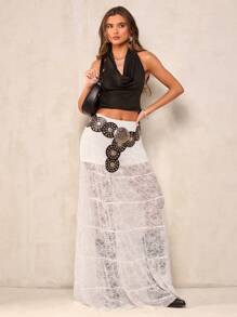 SHEIN BAE 女士白色纯色优雅蕾丝短裤、长款透明分层裙，适合与朋友共进早午餐、下午茶派对 - 春夏时尚、嬉皮士/狂欢节服装、春假装扮、街头装扮、沙滩装扮