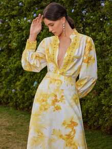 Anewsta Conjunto de dos piezas de mujer tejido, posicionamiento a la moda, estampado con empalme, pequeños detalles de encaje, elegante conjunto de dos piezas amarillo de primavera - Amarillo - Ver 5