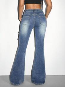 SHEIN ICON 女式休闲水洗低腰紧身喇叭牛仔裤 - 藍色 - 查看 3