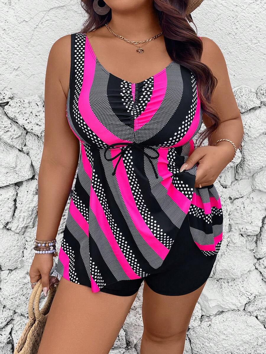 SHEIN Swim Lushore 2pcs Plus Size Women Beach Tankini Set, Random Print, Sleeveless, Slimming, High Waisted Bottoms, Casual & Stylish, Summer