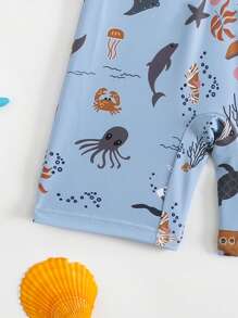 Baby Boy's Cartoon Ocean Animals Printed Long Sleeve One-Piece Swimsuit With Hat