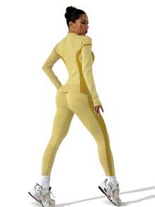 SHEIN Sport Studio Women's Contrast Color Long Sleeve Zipper Jacket And Pants Sports Suit Women Outfit Sets