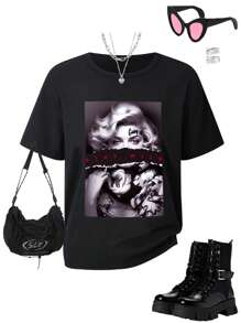 SHEIN Explorewe Teen Girls' Fashionable Street Casual Portrait Graphic Short Sleeve T-Shirt - Black - View 7