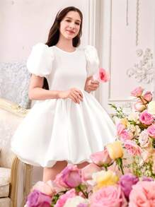Holiday,Summer,Travel  Teen Girls White V-Neck Puff Sleeve Knee-Length Dress With Detachable Bow, Elegant Suitable For Party, Wedding, Valentine's Gift, School, Outing, Birthdays - Satin Shiny Fabric - White - View 2