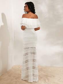 Opulessa Women's Knitted Solid Color Lace Off Shoulder Form-Fitting Fish Tail Dress  ,Ruffle Hem Twist  Dress Brown Off-The-Shoulder Dress,  Ruffle Dress, Boho Dress, Elegant Dress, Western Cowboy Girl, Going Out Dress, Party, Club Outfits, Women Concert Dress,For Autumn And Winter,Mermaid, Bohemian Outfits, Ibiza Outfits, Western Style - White - View 2