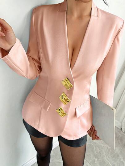 Elenzga Women's Fashion Metal Decor Business Suit Jacket