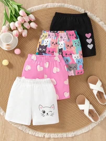 SHEIN 4 piezas Shorts elásticos de cintura para niñas jóvenes con gráfico de gato y corazón, mallas cómodas y de moda